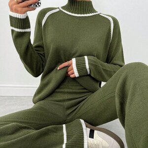 Army Green Casual Women's Raglan And Striped Trim Sweater & Pants Set